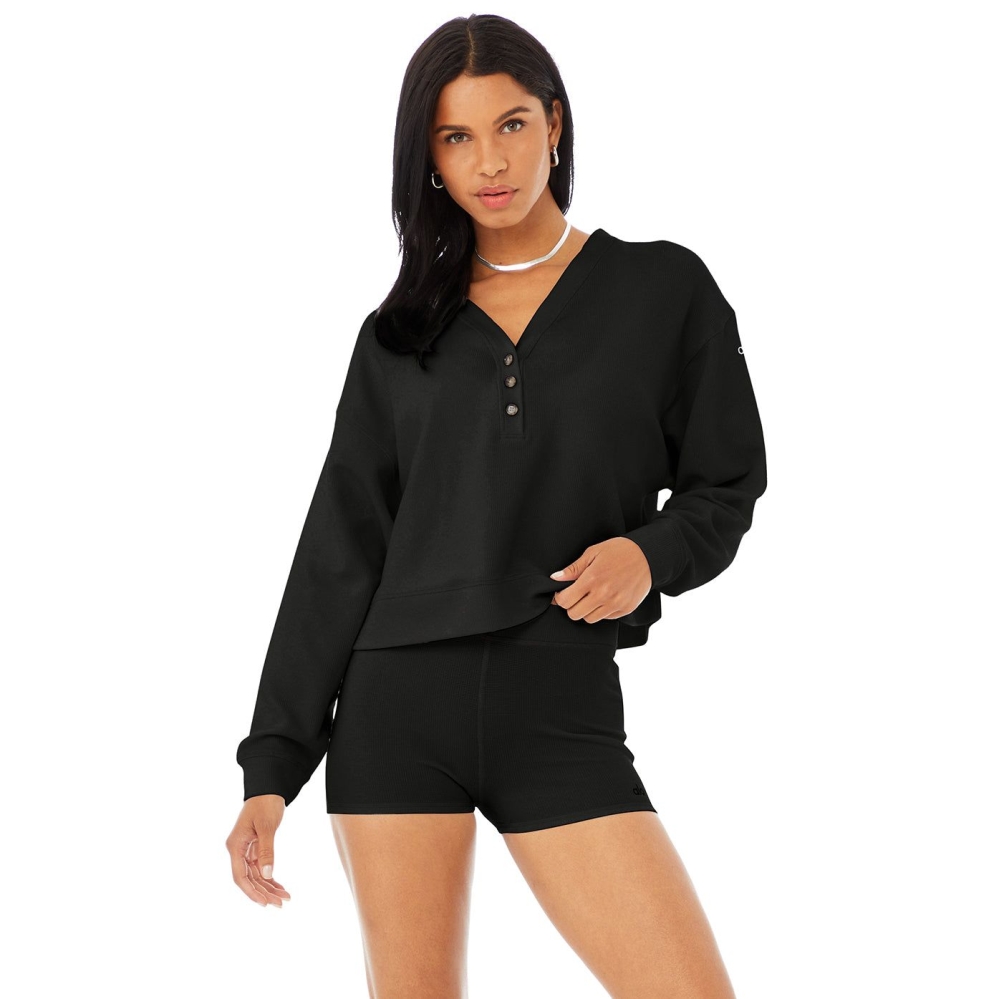 Sudaderas Alo Yoga Micro Waffle Pleasant Cropped Henley Mujer Negros | MX-67SUDL