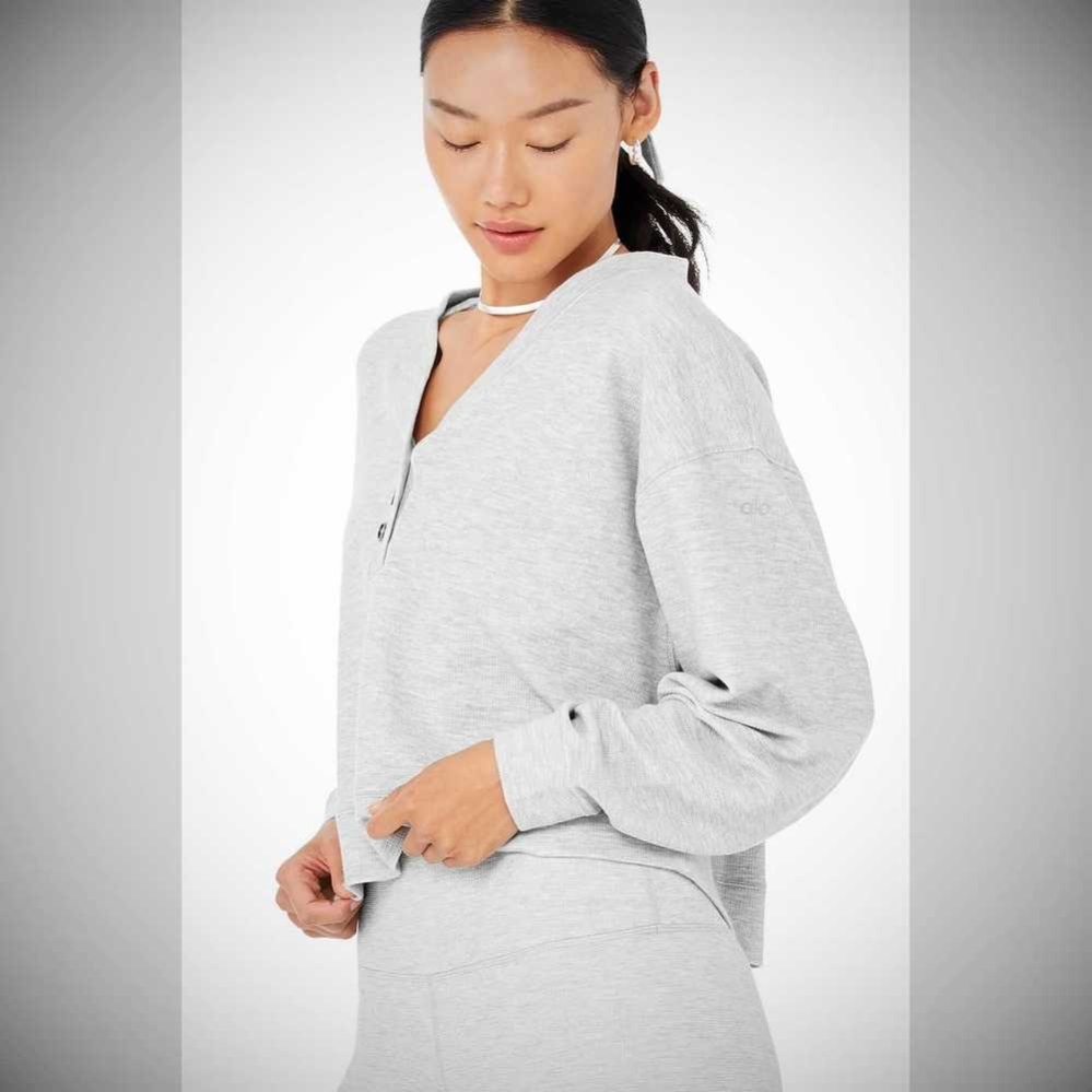 Sudaderas Alo Yoga Micro Waffle Pleasant Cropped Henley Mujer Grises | MX-68EJSH