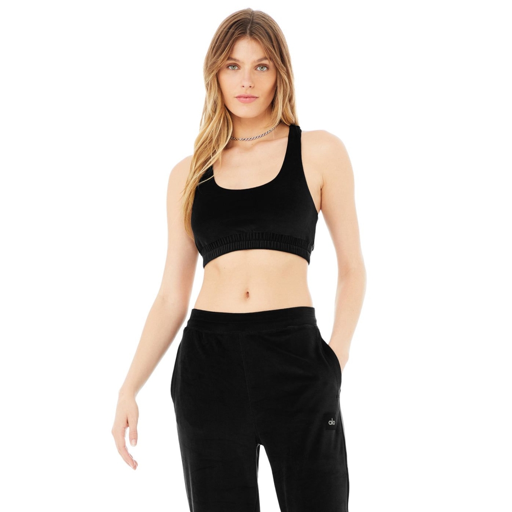 Sujetadores Alo Yoga Velour Glimmer Scoop Neck Mujer Negros | MX-28SEZL